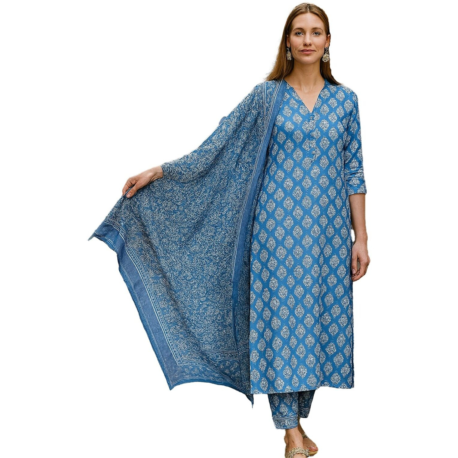 Yashika Floral Regular Women's Cotton Blend Printed Kurta With Pants And Dupatta Set (Az-Ys-Ks2087_Cg1_Blue