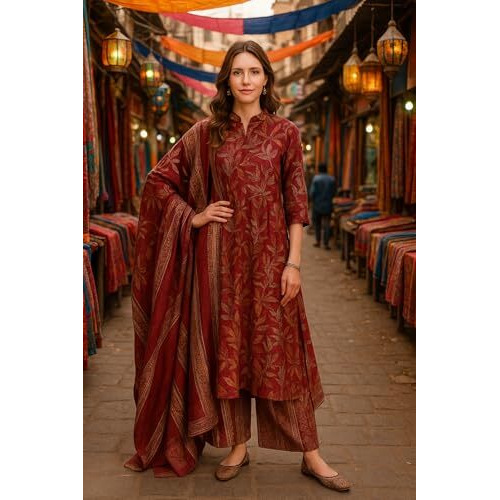 Yashika Floral Regular Women's Cotton Blend Printed Kurta With Pants And Dupatta Set (Az-Ys-Ks2125_Cg2_Maroon