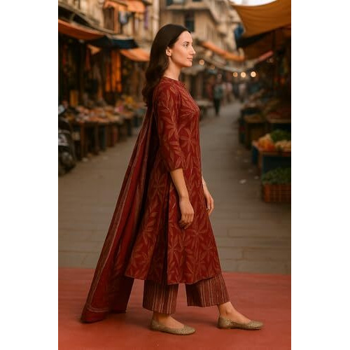 Yashika Floral Regular Women's Cotton Blend Printed Kurta With Pants And Dupatta Set (Az-Ys-Ks2125_Cg2_Maroon
