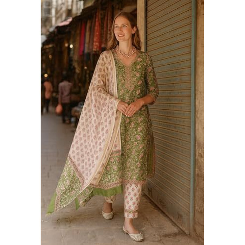 Yashika Floral Regular Women's Cotton Blend Printed Kurta With Pants And Dupatta Set (Az-Ys-Ks2140_Cg1_Green