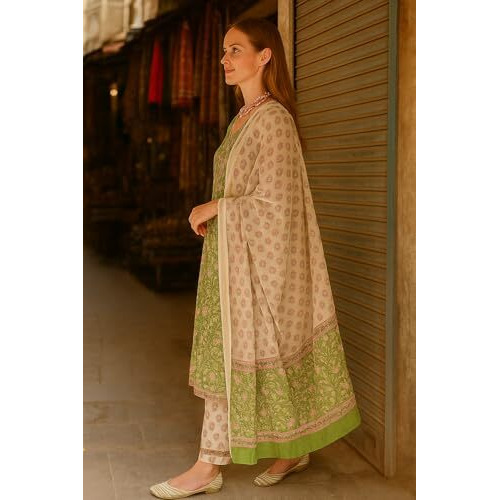 Yashika Floral Regular Women's Cotton Blend Printed Kurta With Pants And Dupatta Set (Az-Ys-Ks2140_Cg1_Green
