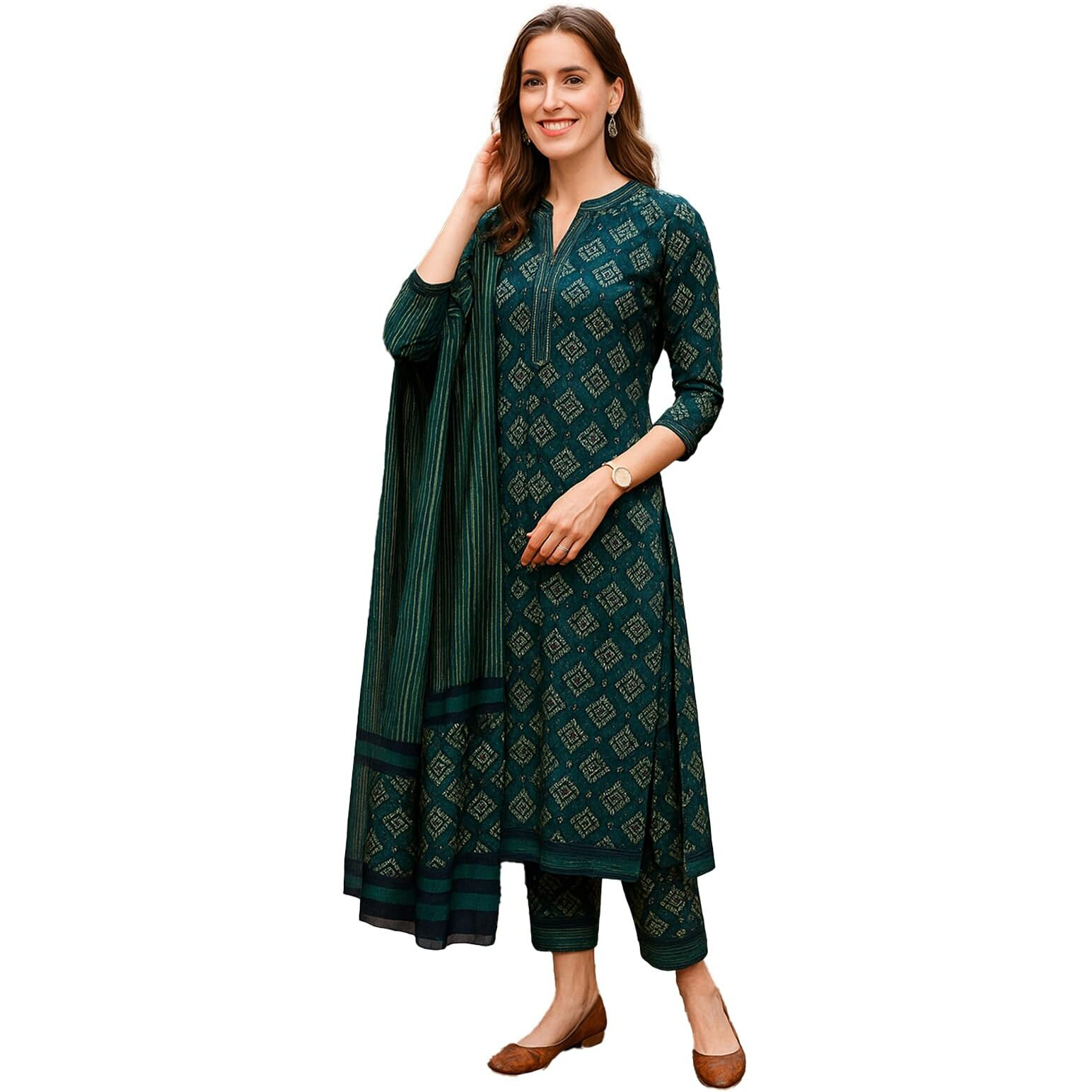 Yashika Floral Regular Women's Cotton Blend Printed Kurta With Pants And Dupatta Set (Az-Ys-Ks2116_Cg1_Green