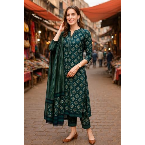 Yashika Floral Regular Women's Cotton Blend Printed Kurta With Pants And Dupatta Set (Az-Ys-Ks2116_Cg1_Green