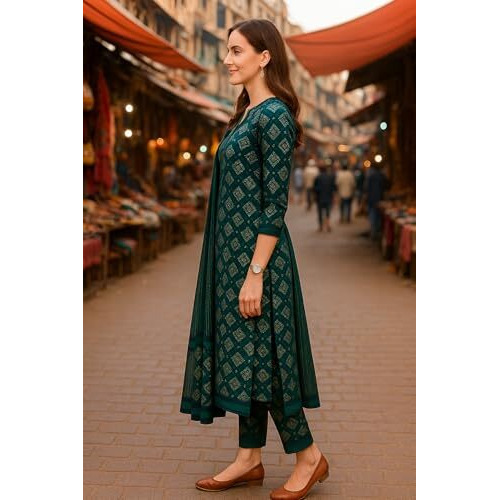Yashika Floral Regular Women's Cotton Blend Printed Kurta With Pants And Dupatta Set (Az-Ys-Ks2116_Cg1_Green