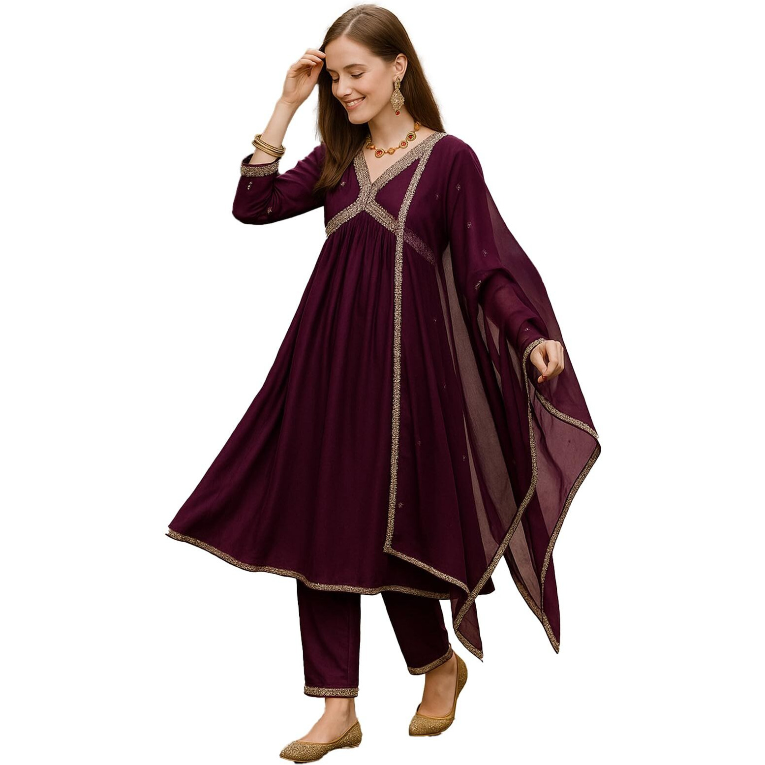 Yashika Poly Women's Georgette Embroidered Kurta With Pants And Dupatta Set (Az-Ys-Ks2111_Cg1_Purple_L)