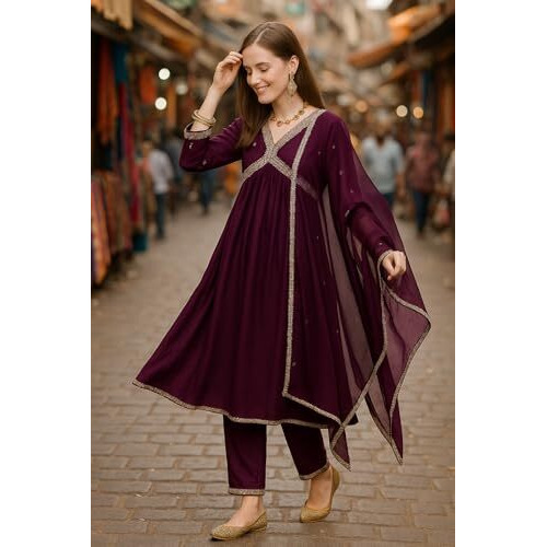 Yashika Poly Women's Georgette Embroidered Kurta With Pants And Dupatta Set (Az-Ys-Ks2111_Cg1_Purple_L)