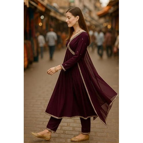 Yashika Poly Women's Georgette Embroidered Kurta With Pants And Dupatta Set (Az-Ys-Ks2111_Cg1_Purple_L)