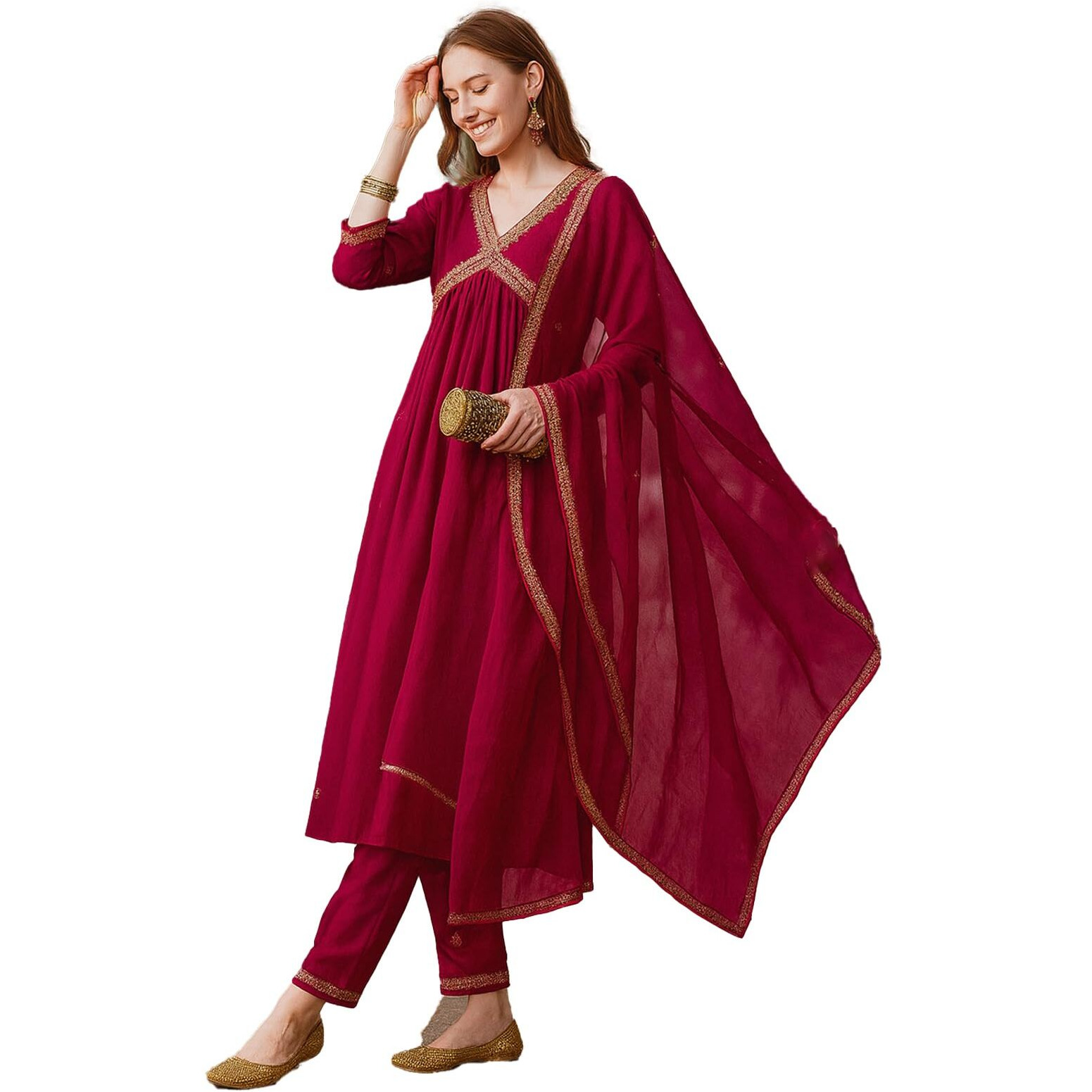 Yashika Poly Women's Georgette Embroidered Kurta With Pants And Dupatta Set (Az-Ys-Ks2113_Cg1_Pink_2Xl)