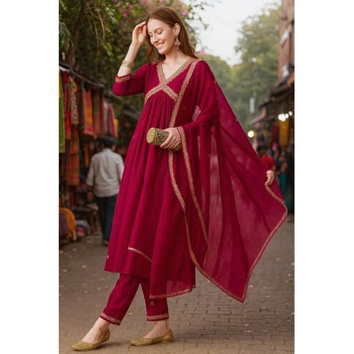 Yashika Poly Women's Georgette Embroidered Kurta With Pants And Dupatta Set (Az-Ys-Ks2113_Cg1_Pink_2Xl)