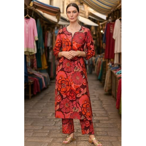 Yashika Floral Regular Printed Cotton Blend Straight And For Kurtis | Women Kurta Pant Set (Az-Ys-Ks2168_Cg2_Red