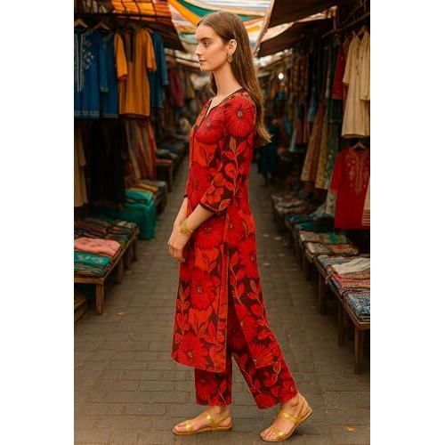 Yashika Floral Regular Printed Cotton Blend Straight And For Kurtis | Women Kurta Pant Set (Az-Ys-Ks2168_Cg2_Red