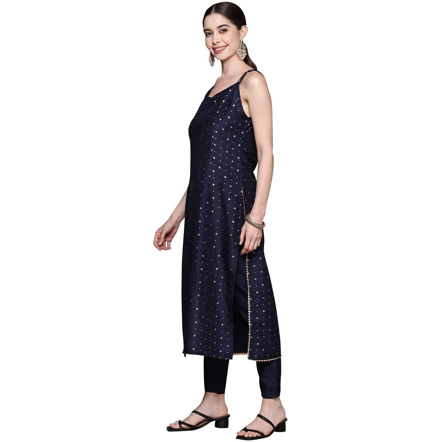 Ziyaa Women's Navy Blue Chinon Straight Kurta Pant And Dupatta Set
