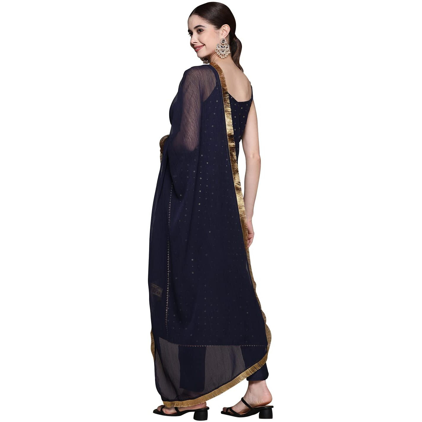 Ziyaa Women's Navy Blue Chinon Straight Kurta Pant And Dupatta Set