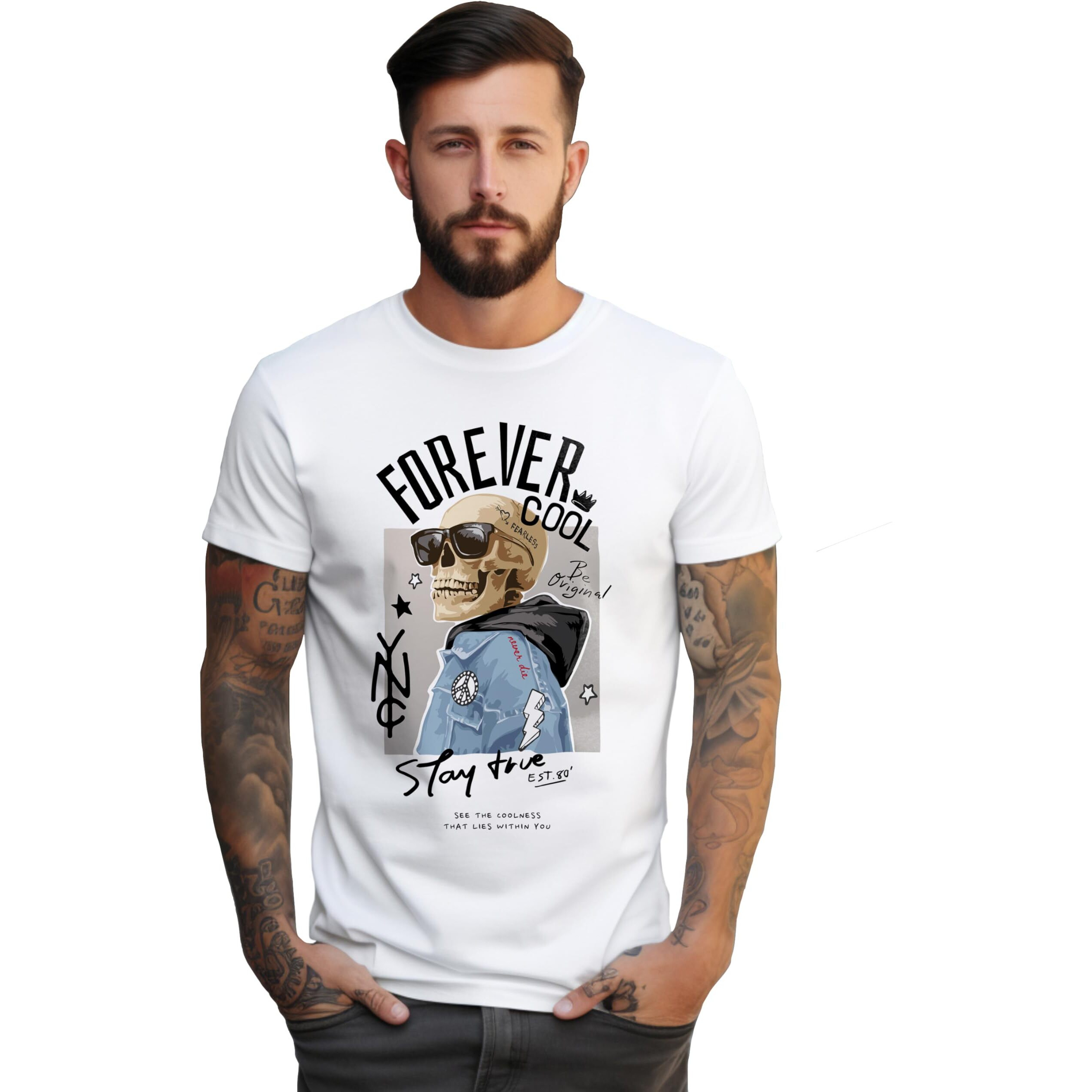 Peppyzone Men's Regular Fit T-Shirt (Pz-Skullrider132_White4