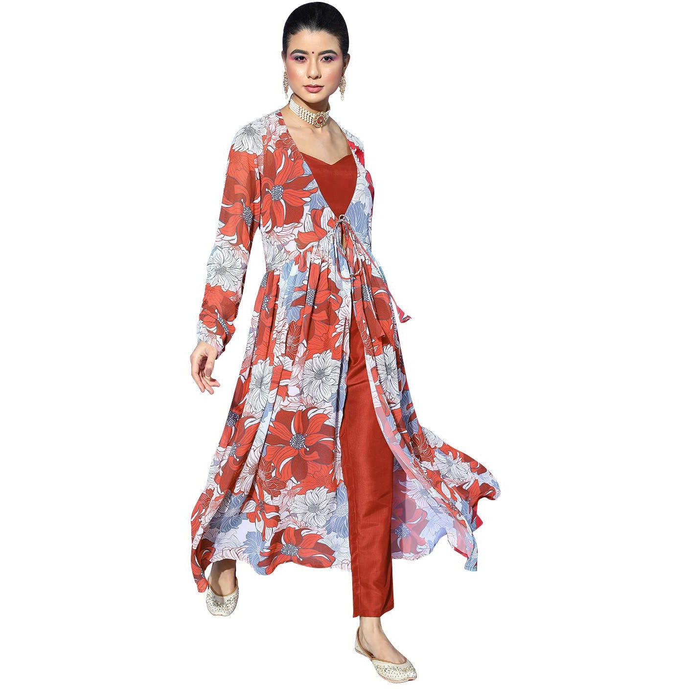 Ziyaa Women's Dark Red Georgette Flared Top And Pant Set(Zikugr3753Andpa-Xxl)