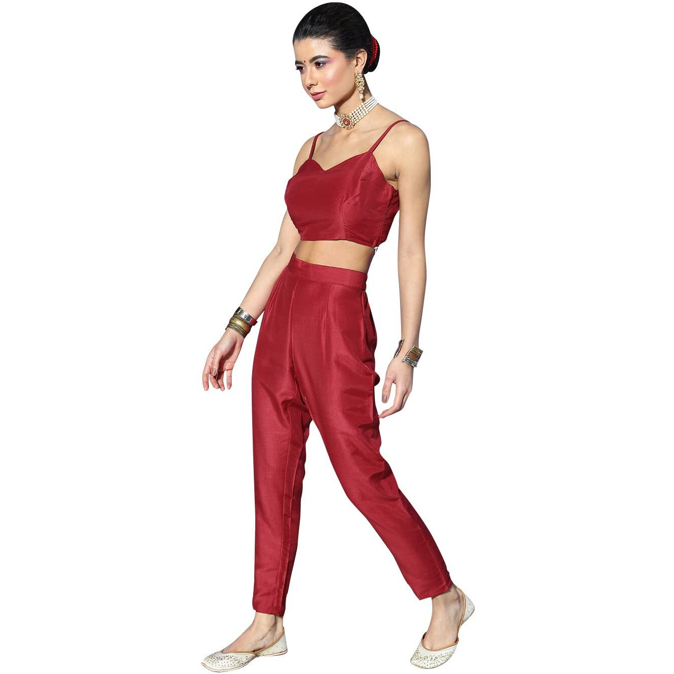 Ziyaa Women's Dark Red Georgette Flared Top And Pant Set(Zikugr3753Andpa-Xxl)