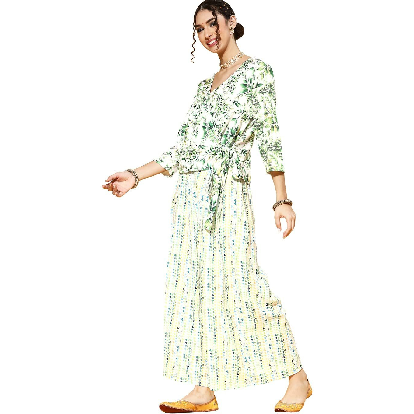 Ziyaa Women's Green Cotton A-Line Top And Palazzo Set(Zikuco3649Andpl-L)