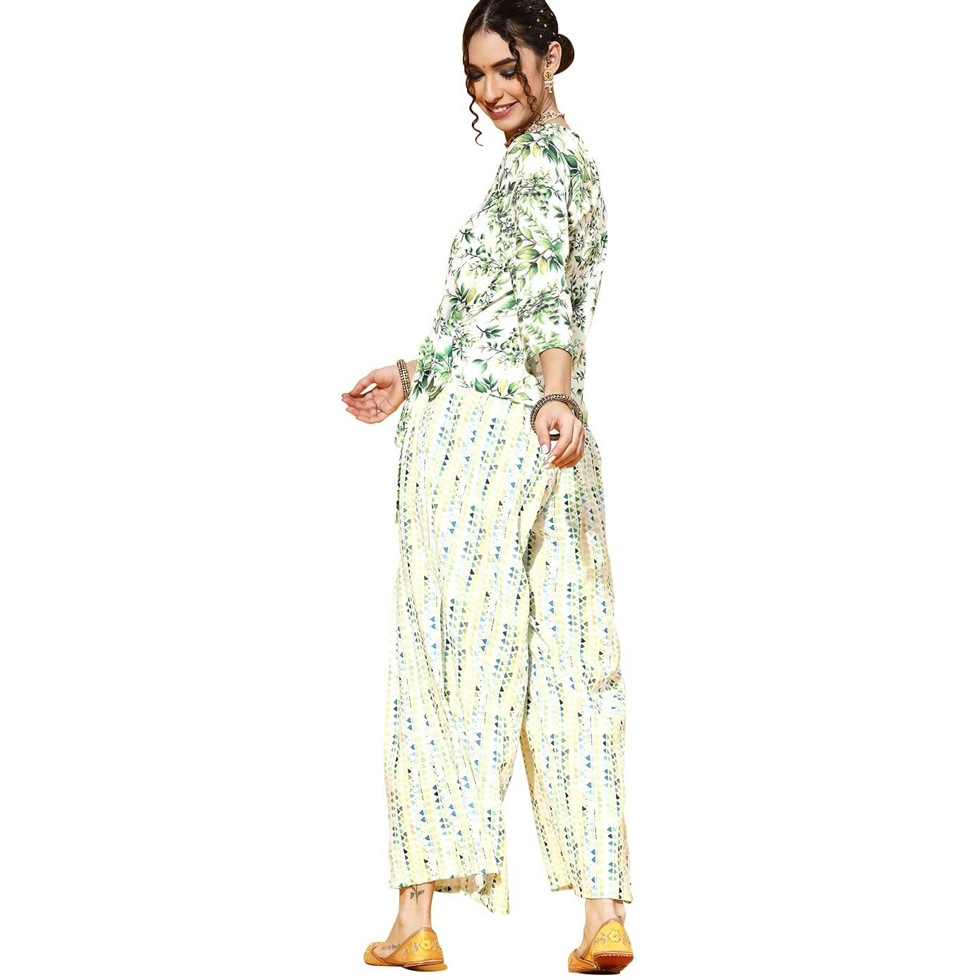 Ziyaa Women's Green Cotton A-Line Top And Palazzo Set(Zikuco3649Andpl-L)