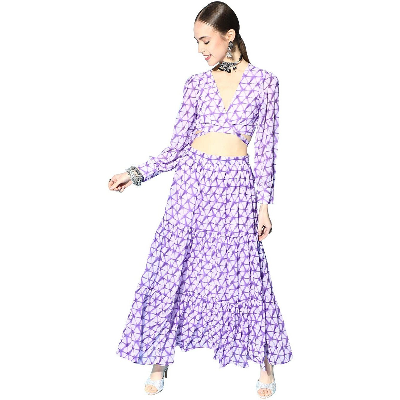 Ziyaa Women's Lavender Georgette Straight Top And Skirt(Zikugr3674Andsk-M)