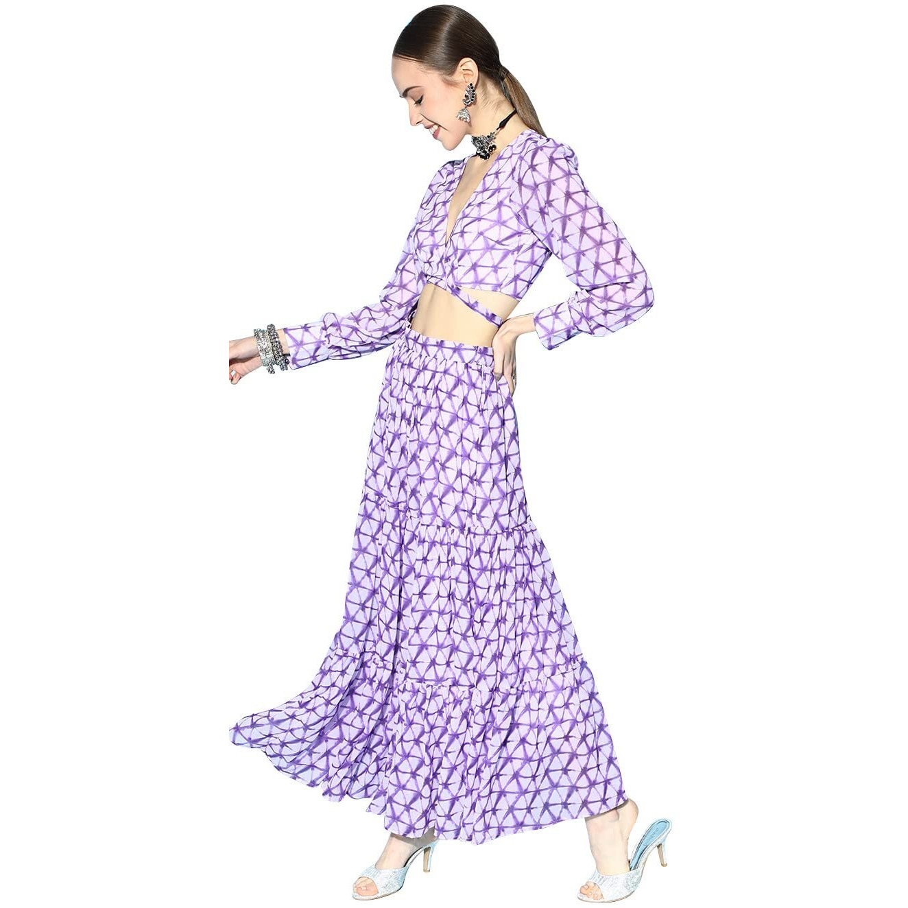 Ziyaa Women's Lavender Georgette Straight Top And Skirt(Zikugr3674Andsk-M)