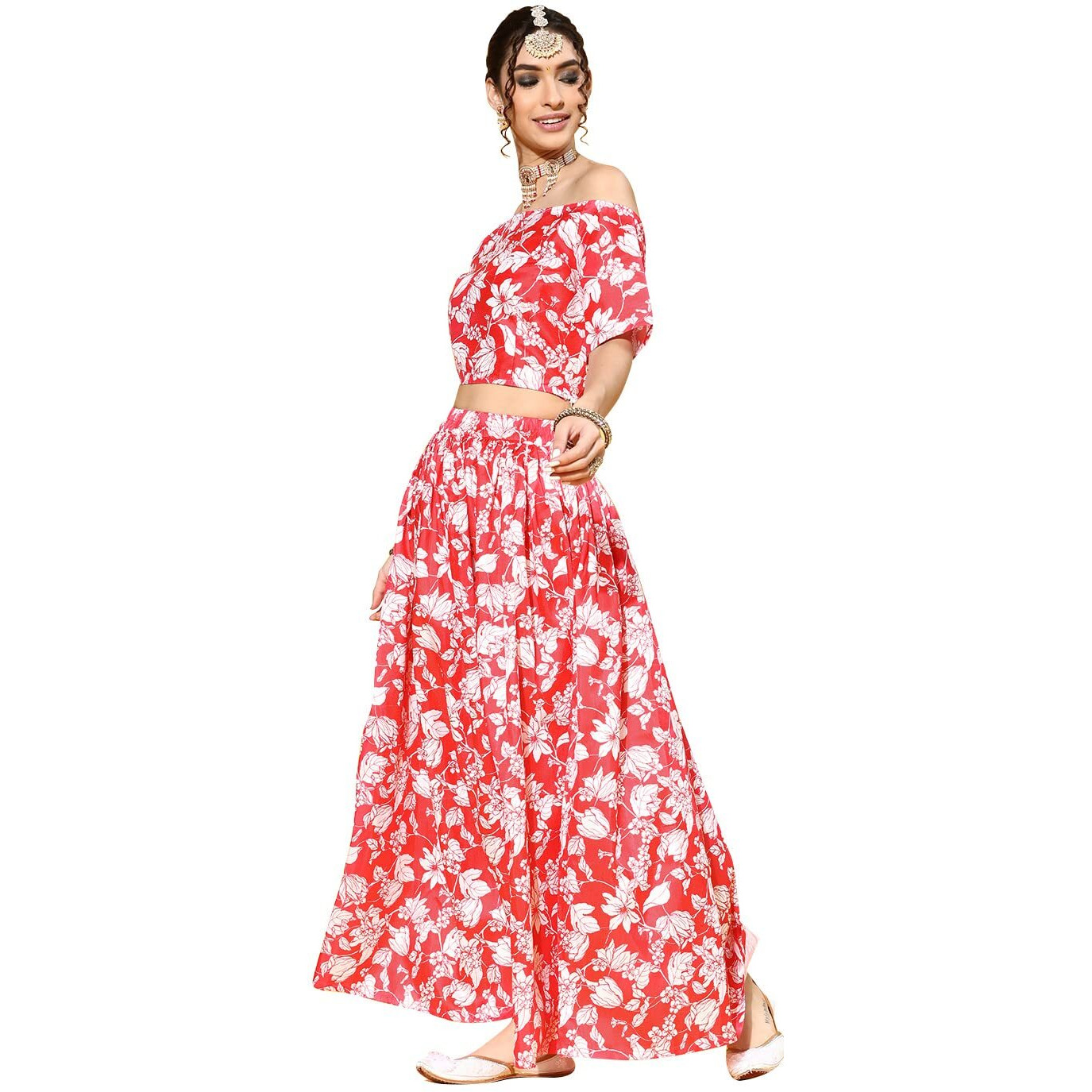 Ziyaa Women's Red Poly Silk Straight Top And Skirt Set(Zikups3637Andsk-M)