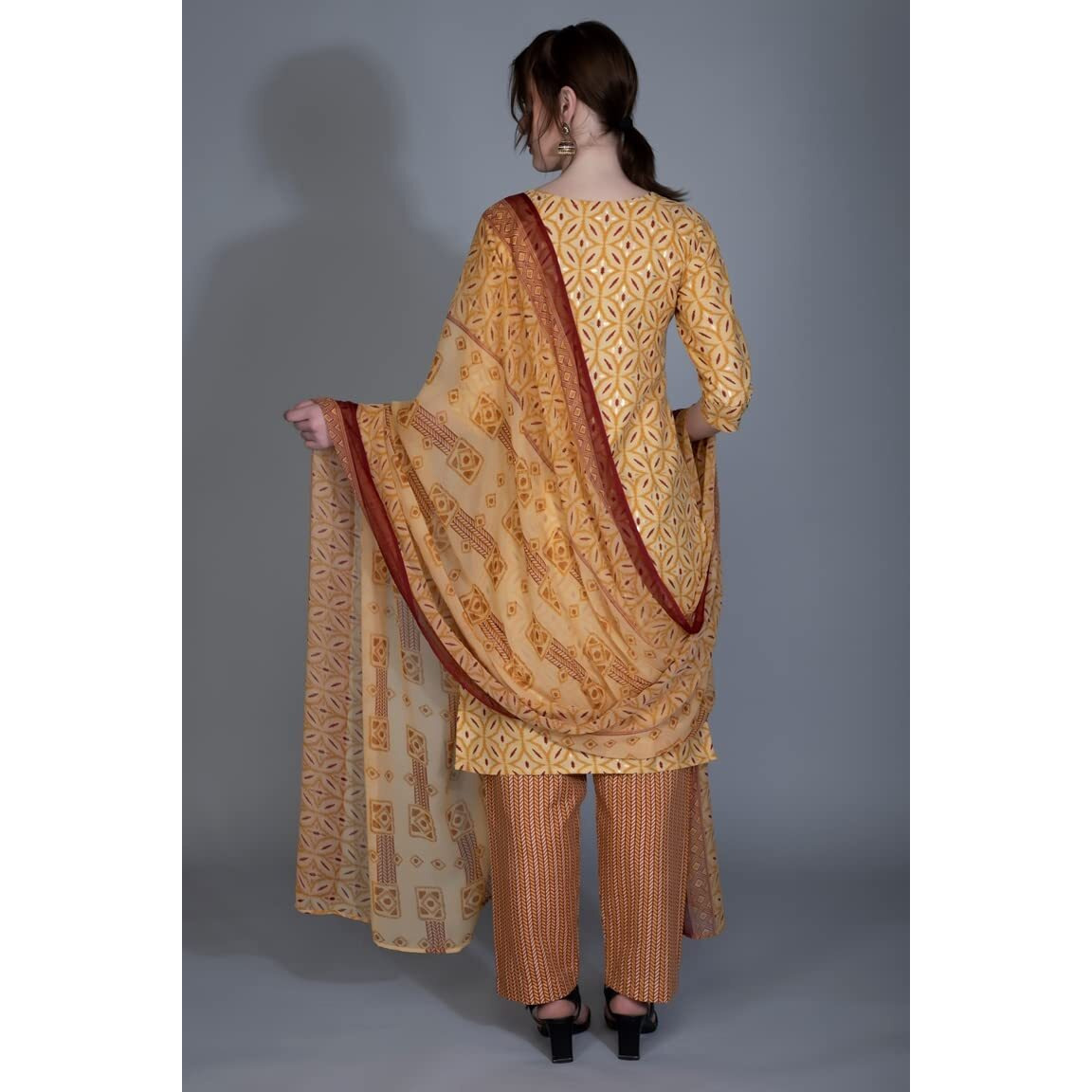 Om Sai Latest Creation Kurta Set For Women|| Cotton Fully Stitched Straight Geometric Style Ethnic Motif Printed Kurta With Printed Pant || Kurta Set For Women With Dupatta. (X-Large, Yellow)