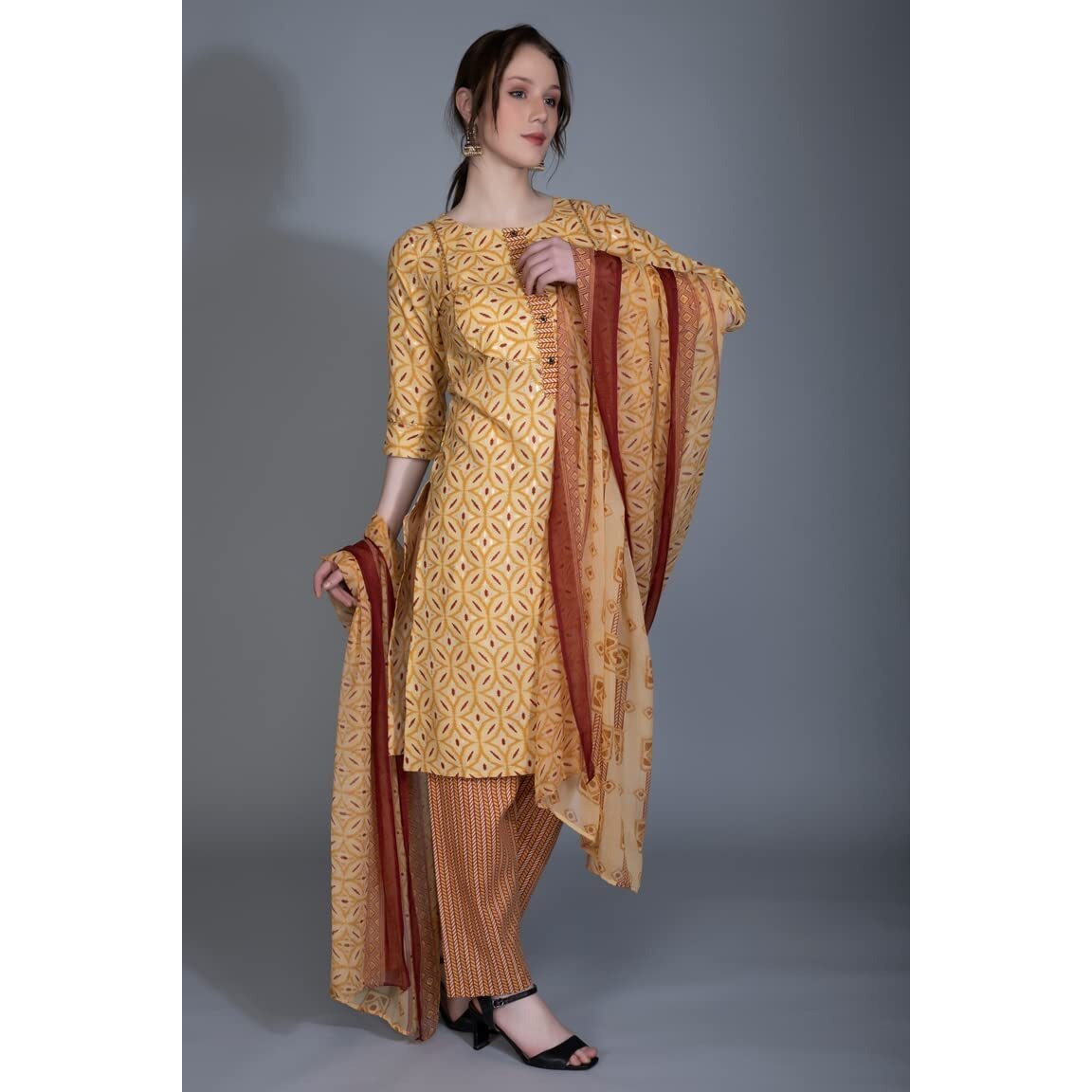 Om Sai Latest Creation Kurta Set For Women|| Cotton Fully Stitched Straight Geometric Style Ethnic Motif Printed Kurta With Printed Pant || Kurta Set For Women With Dupatta. (X-Large, Yellow)