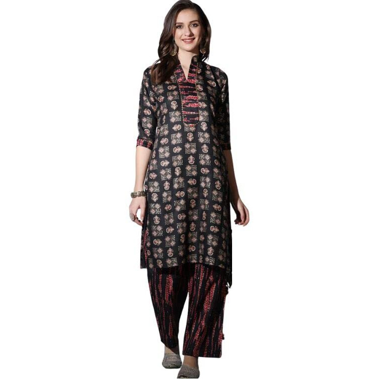 Om Sai Latest Creation Kurta Set For Women || Cotton Fully Stitched Floral Hand Block Printed Straight Kurta Sets For Women || Stand Collar Neck Casual Kurta Pant Set For Women. (Small, Black)
