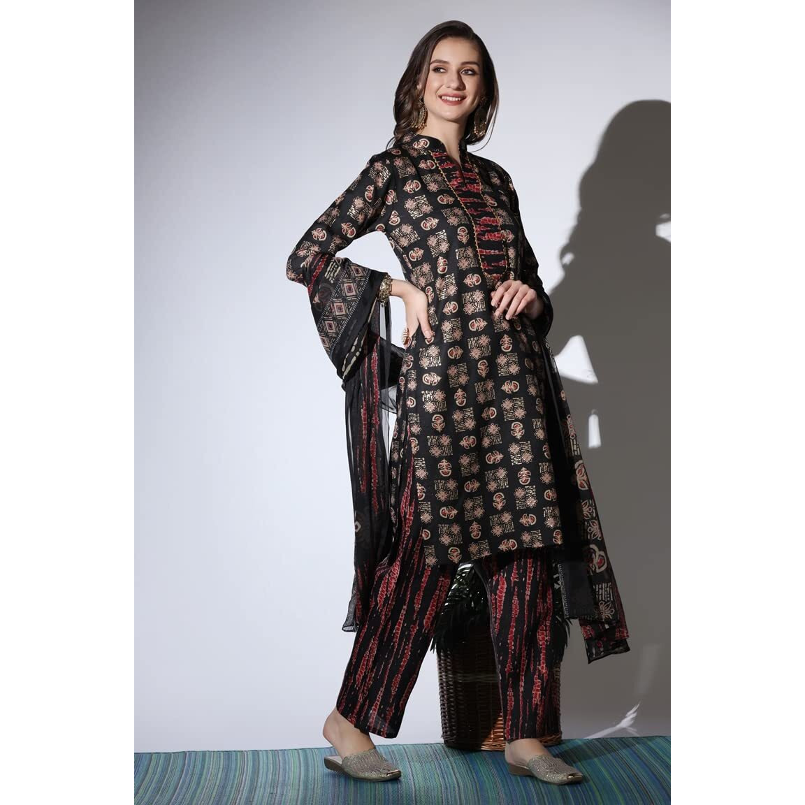Om Sai Latest Creation Kurta Set For Women || Cotton Fully Stitched Floral Hand Block Printed Straight Kurta Sets For Women || Stand Collar Neck Casual Kurta Pant Set For Women. (Small, Black)
