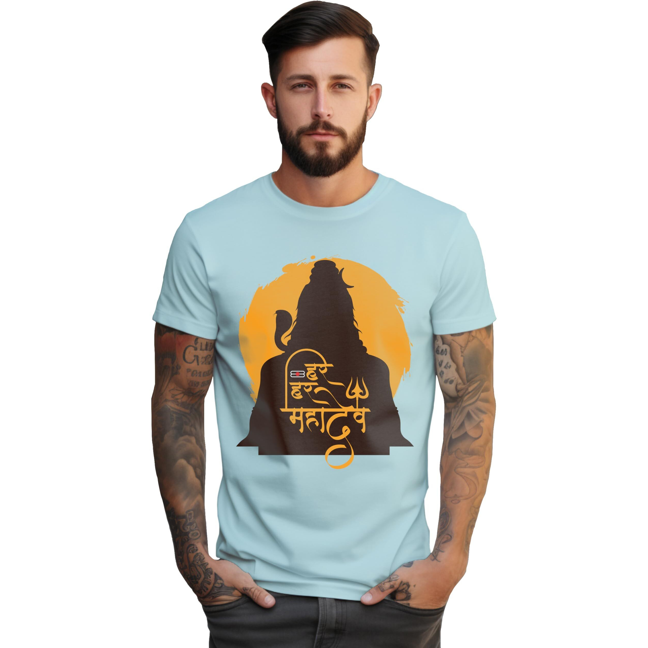 Peppyzone Men's Regular Fit Lord Shiva Mahakal Printed T Shirts For Men (5Xl, Sky Blue)