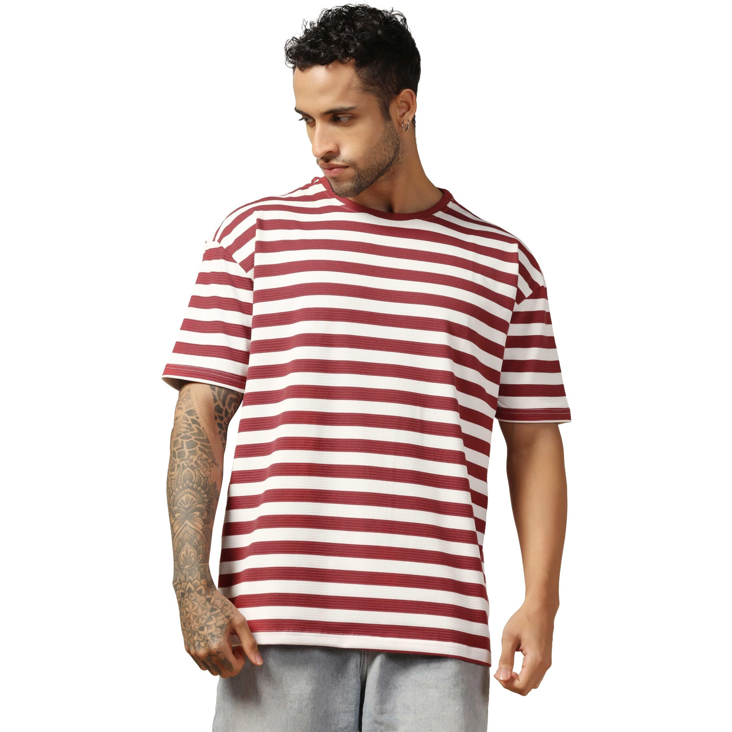 Om Sai Latest Creation Loose Fit T Shirt For Men, Drop Shoulder T-Shirt For Men. (Medium, Red)