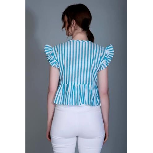 Om Sai Latest Creation Girl's/Women's Western Top With Lining Printed & Short Butterfly Sleeves For Girl's/Women's || Casual Wear||Traveling Wear Western Top For Girl's/Women's. (X-Large, Blue)