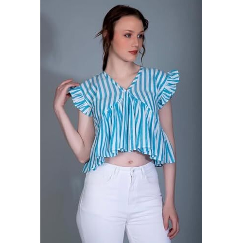 Om Sai Latest Creation Girl's/Women's Western Top With Lining Printed & Short Butterfly Sleeves For Girl's/Women's || Casual Wear||Traveling Wear Western Top For Girl's/Women's. (X-Large, Blue)