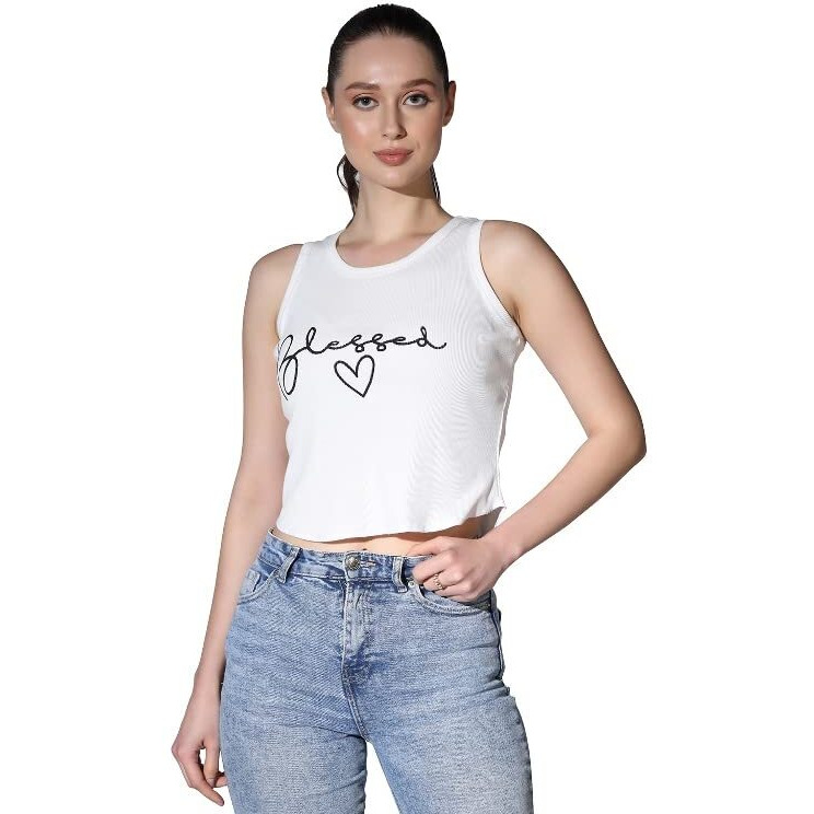 Om Sai Latest Creation Crop Tops For Women || Ribbed Solid Chest Printed Crop Top For Girls || Text & Hart Print With Round Neck & Sleeveless Crop Top For Women || Tank Top. (Xx-Large, White)