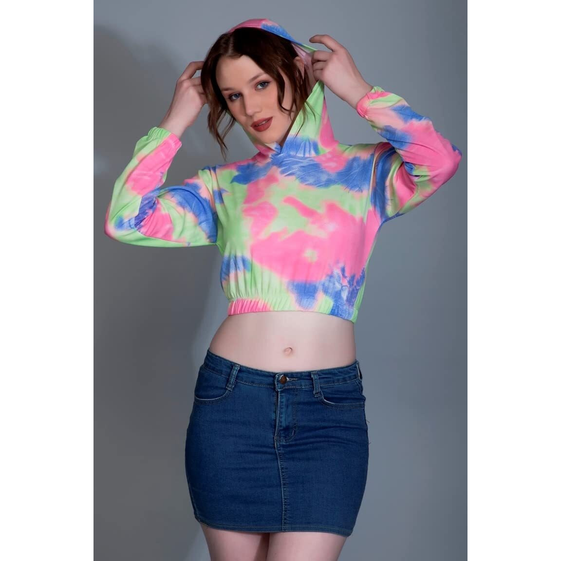 Om Sai Latest Creation Girl's/Women's Solid Western Crop Top With Tie-Dye Printed & Full Sleeves For Girl's/Women's|| Casual Wear|| Running Wear Western Crop Top For Girl's/Women's. (Small, Multi)