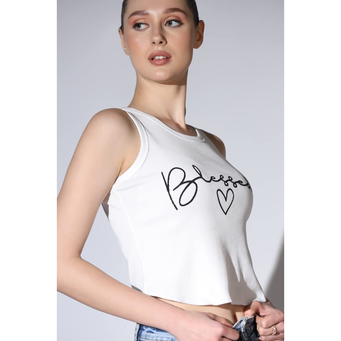 Om Sai Latest Creation Crop Tops For Women || Ribbed Solid Chest Printed Crop Top For Girls || Text & Hart Print With Round Neck & Sleeveless Crop Top For Women || Tank Top. (X-Large, White)
