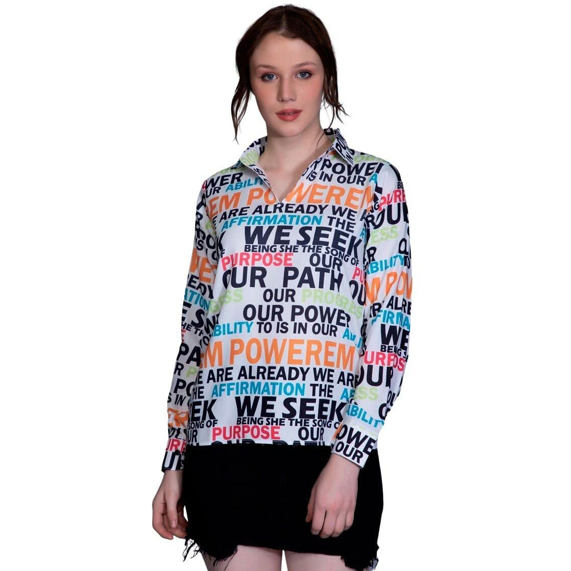 Om Sai Latest Creation Girl's/Women's Western Top With Collar Neck Typographic Printed & Full Regular Cuff Sleeves||Casual Wear||Office Wear Western Top For Girl's/Women's. (X-Large, White)