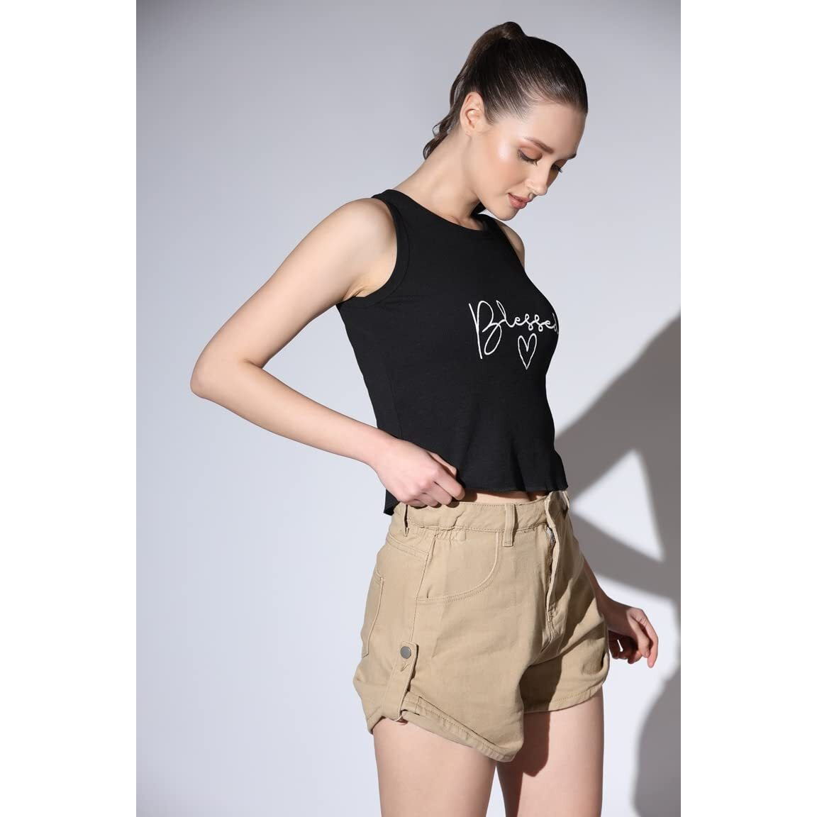 Om Sai Latest Creation Crop Tops For Women || Ribbed Solid Chest Printed Crop Top For Girls || Text & Hart Print With Round Neck & Sleeveless Crop Top For Women || Tank Top. (Large, Black)