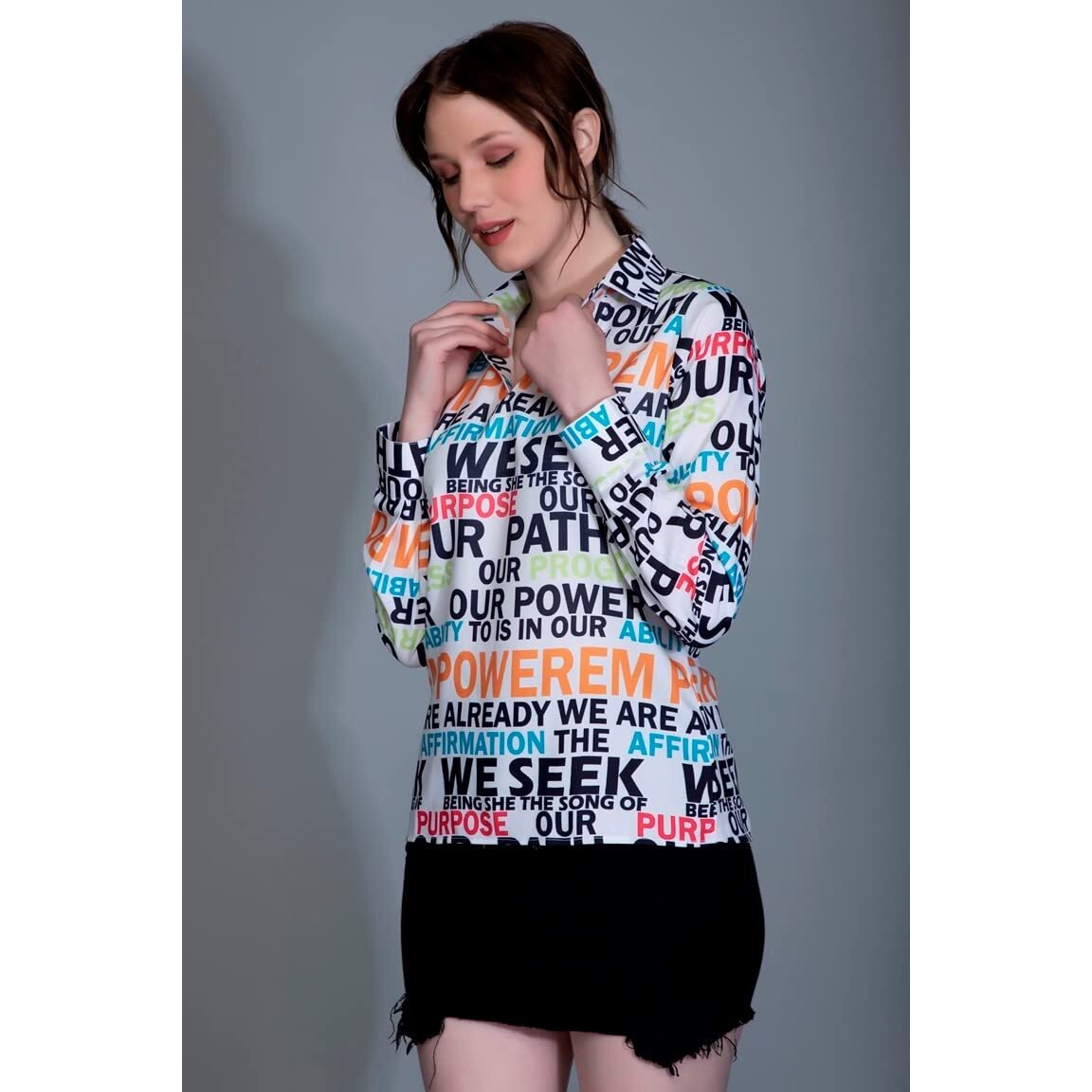 Om Sai Latest Creation Girl's/Women's Western Top With Collar Neck Typographic Printed & Full Regular Cuff Sleeves||Casual Wear||Office Wear Western Top For Girl's/Women's. (Large, White)