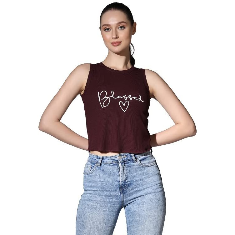 Om Sai Latest Creation Crop Tops For Women || Ribbed Solid Chest Printed Crop Top For Girls || Text & Hart Print With Round Neck & Sleeveless Crop Top For Women || Tank Top. (Xx-Large, Maroon)