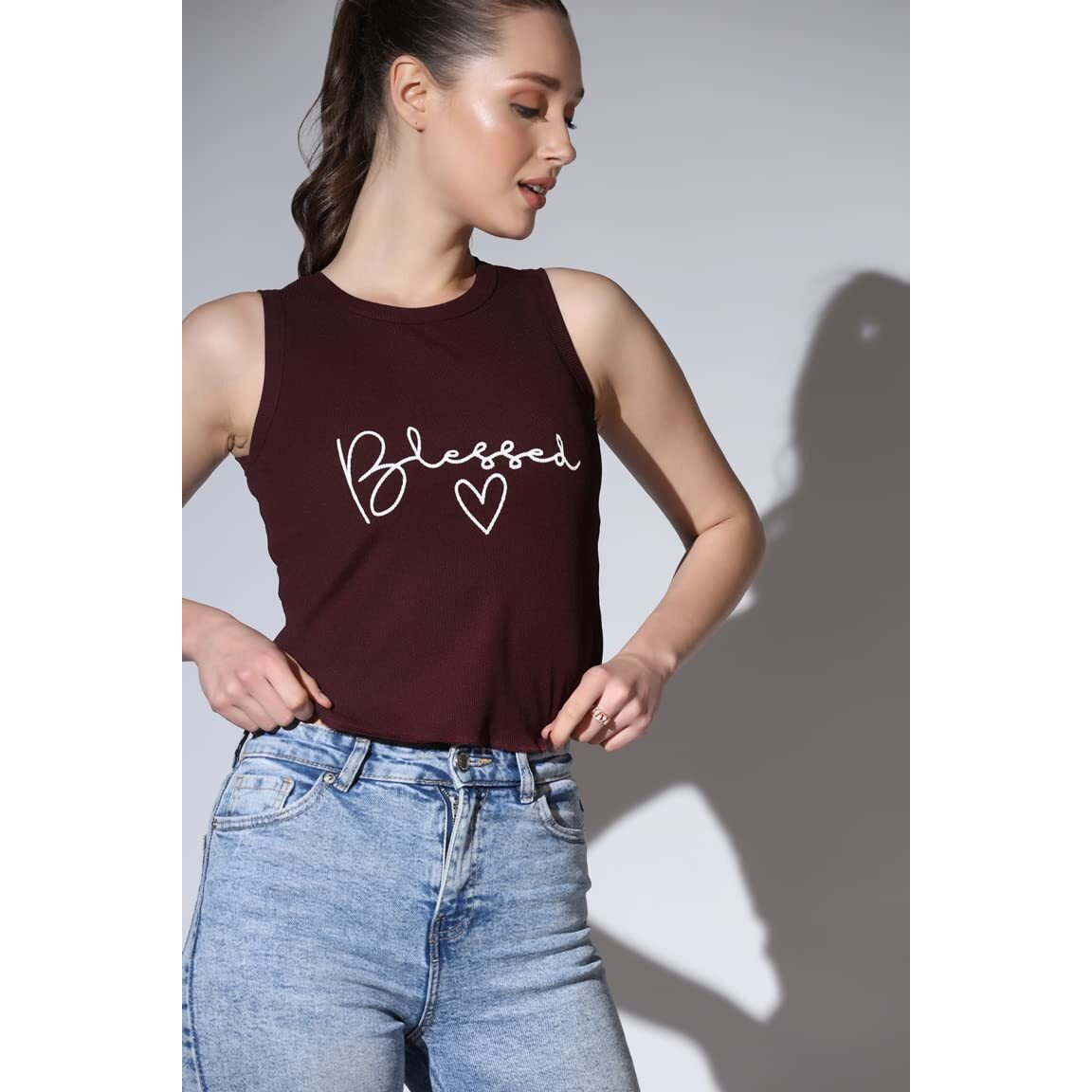 Om Sai Latest Creation Crop Tops For Women || Ribbed Solid Chest Printed Crop Top For Girls || Text & Hart Print With Round Neck & Sleeveless Crop Top For Women || Tank Top. (Xx-Large, Maroon)