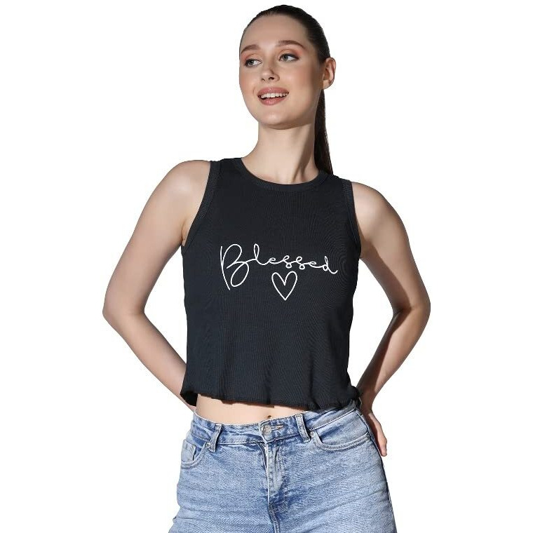 Om Sai Latest Creation Crop Tops For Women || Ribbed Solid Chest Printed Crop Top For Girls || Text & Hart Print With Round Neck & Sleeveless Crop Top For Women || Tank Top. (Large, Navyblue)