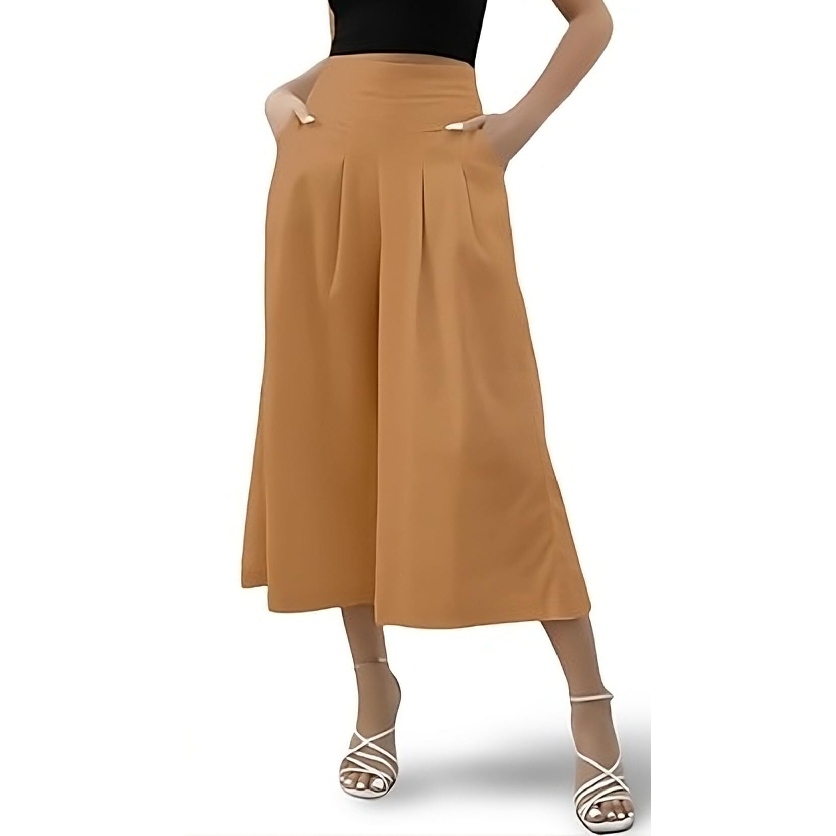 Oomph Cotton Linen Palazzo Pant For Women | Women's High Rise High Waist Trousers Flowy Wide Leg Plazzo Pant Trouser With Pocket | Plazo Pant For Woman Beige