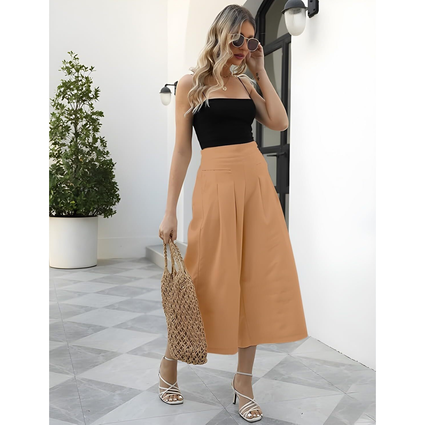 Oomph Cotton Linen Palazzo Pant For Women | Women's High Rise High Waist Trousers Flowy Wide Leg Plazzo Pant Trouser With Pocket | Plazo Pant For Woman Beige