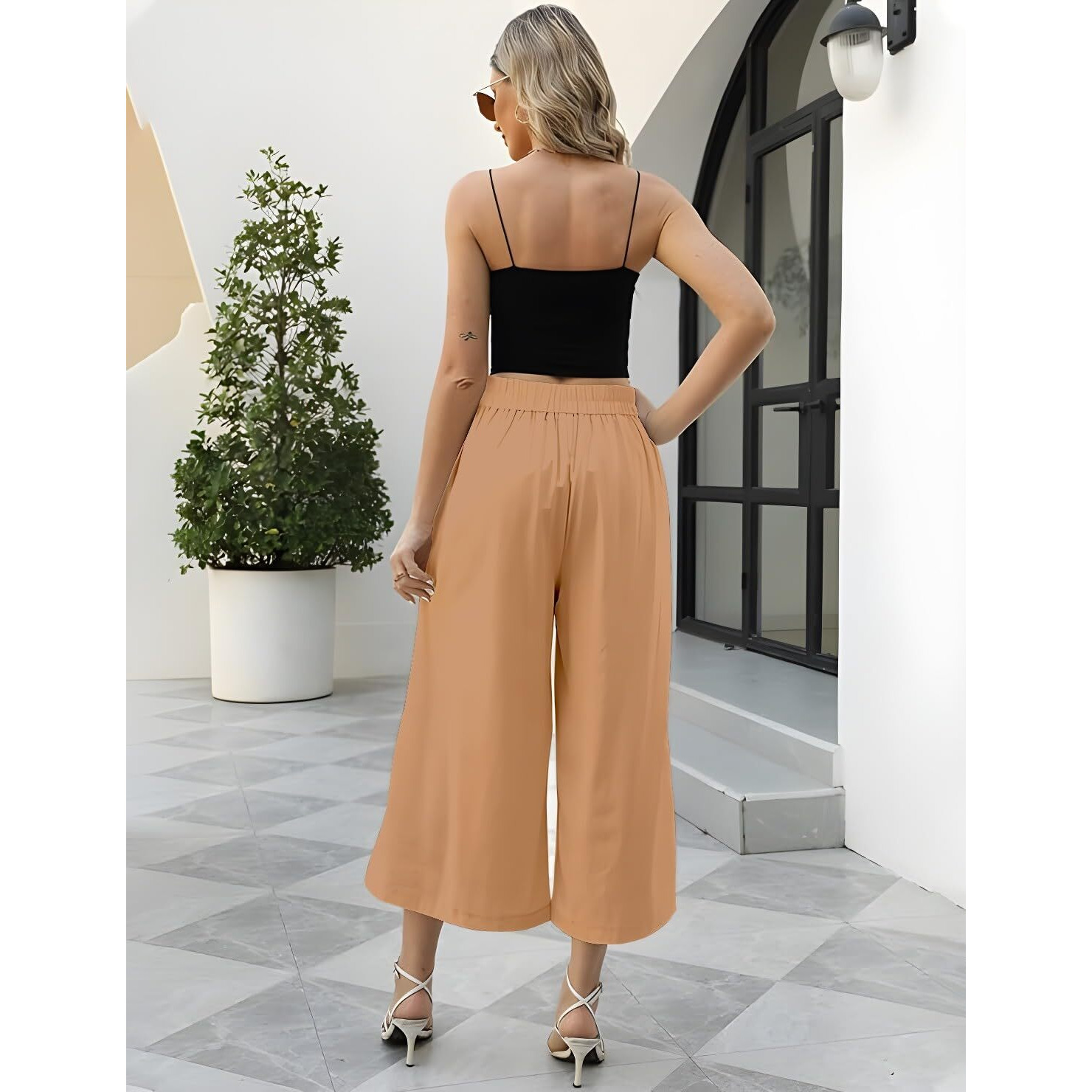 Oomph Cotton Linen Palazzo Pant For Women | Women's High Rise High Waist Trousers Flowy Wide Leg Plazzo Pant Trouser With Pocket | Plazo Pant For Woman Beige