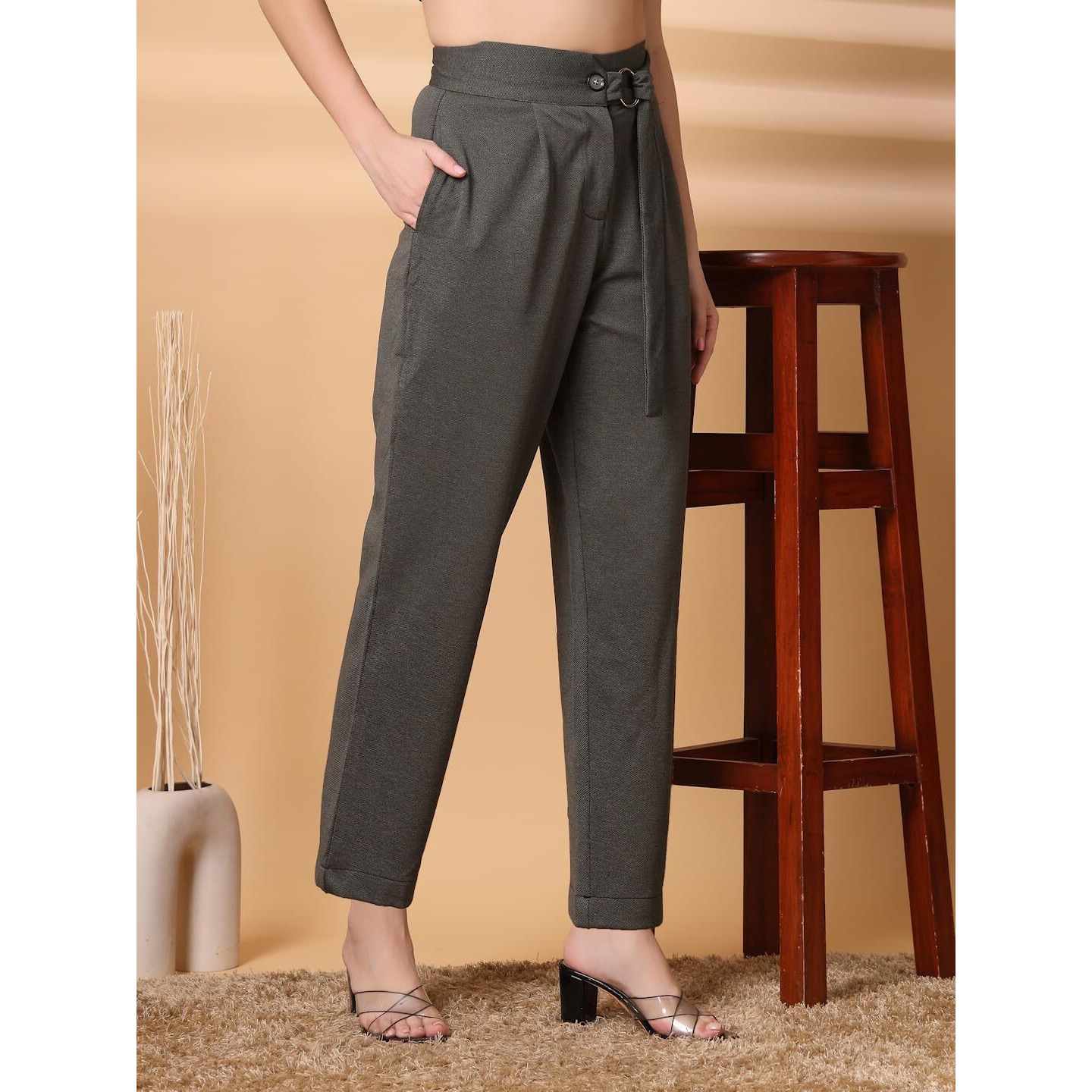 Women's Wide Leg Pants | Solid Green Stretchable Polyester Trousers | Stylish Korean Clothing | Flared, Straight Fit, Baggy, And Loose Jeggings For Girls And Women