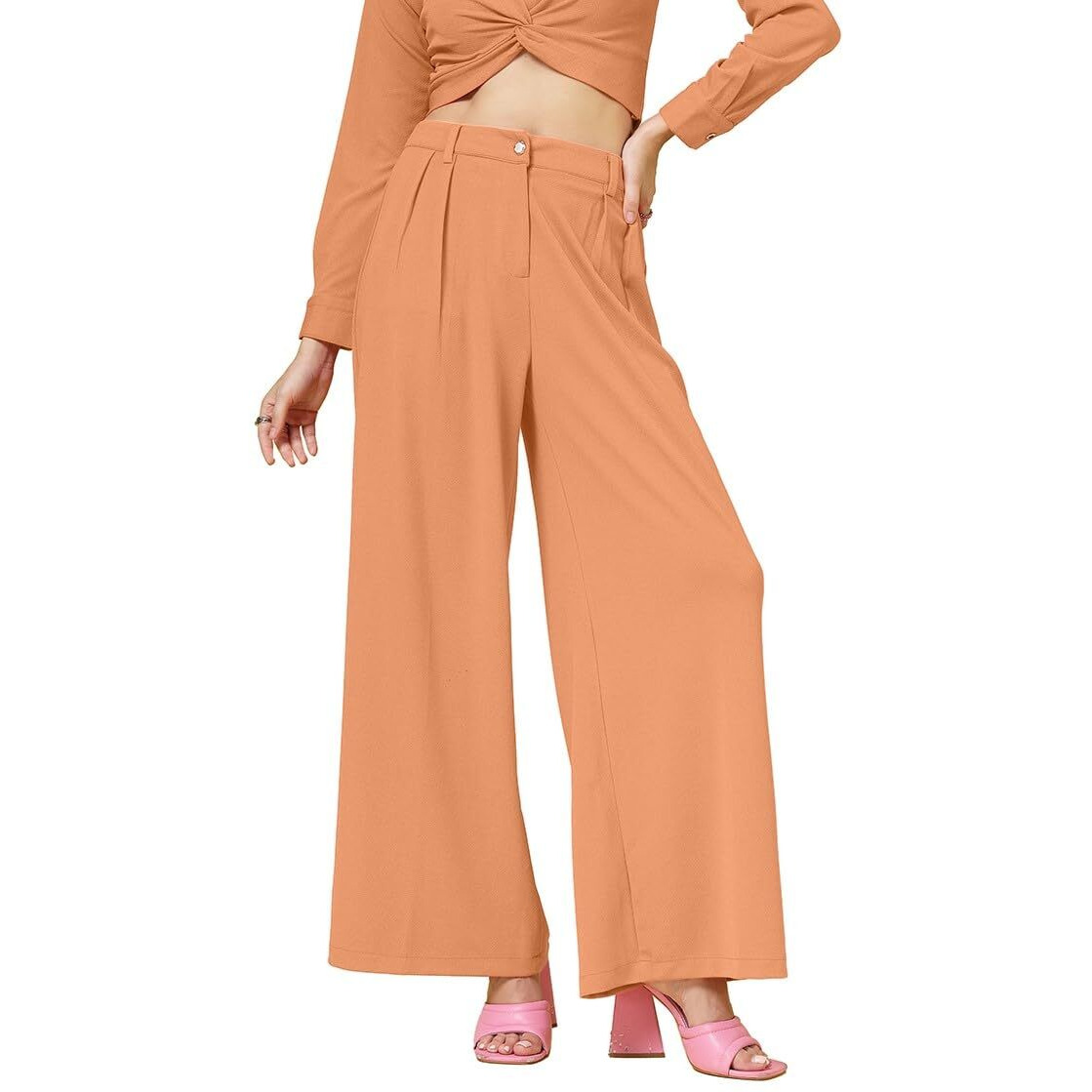 Women's Val Wide Leg Women Trouser | Pants For Womans | Korean Pant For Woman | Formal Pant For Woman | Flared, Baggy, And Loose For Girls Apricot Orange