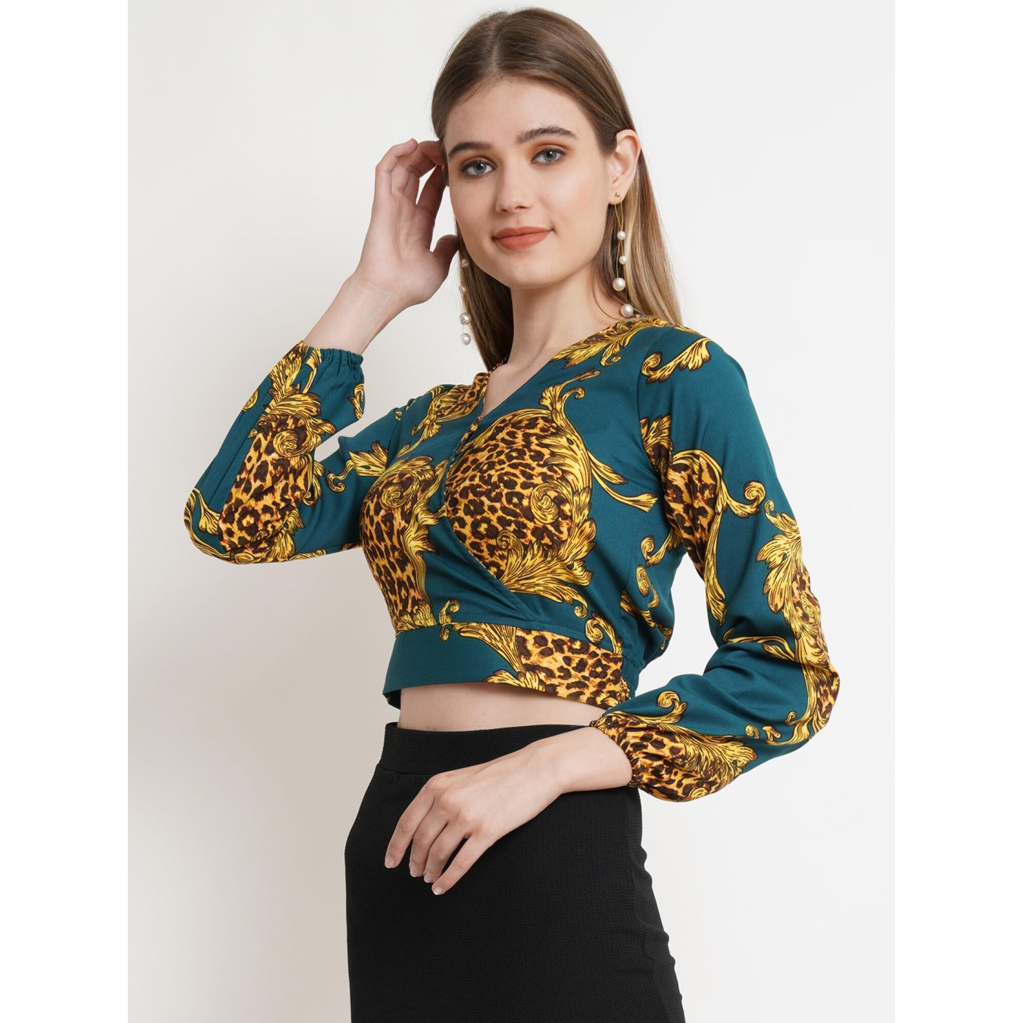 Popwings Casual Animal Print Full Sleeves Crop Top For Women || V-Neck Crop Top For Women || Crop Tops For Women Summer Crop Tops For Women Dark Green