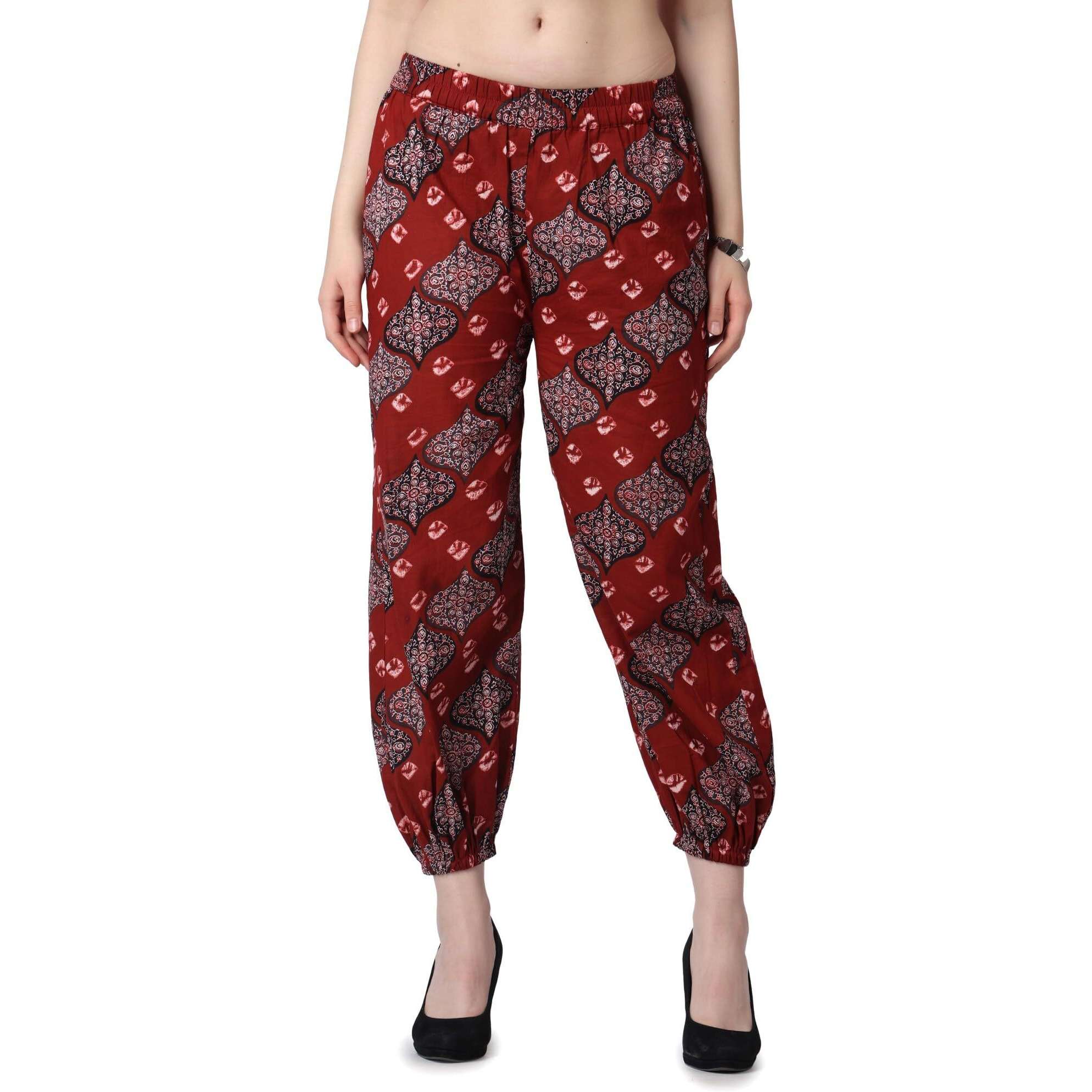 Popwings Casual Bagru Printed Joggers For Women || Pull On Joggers For Women || Comfortable Casual Women Joggers For Summer || Loose Fit Joggers For Women Maroon