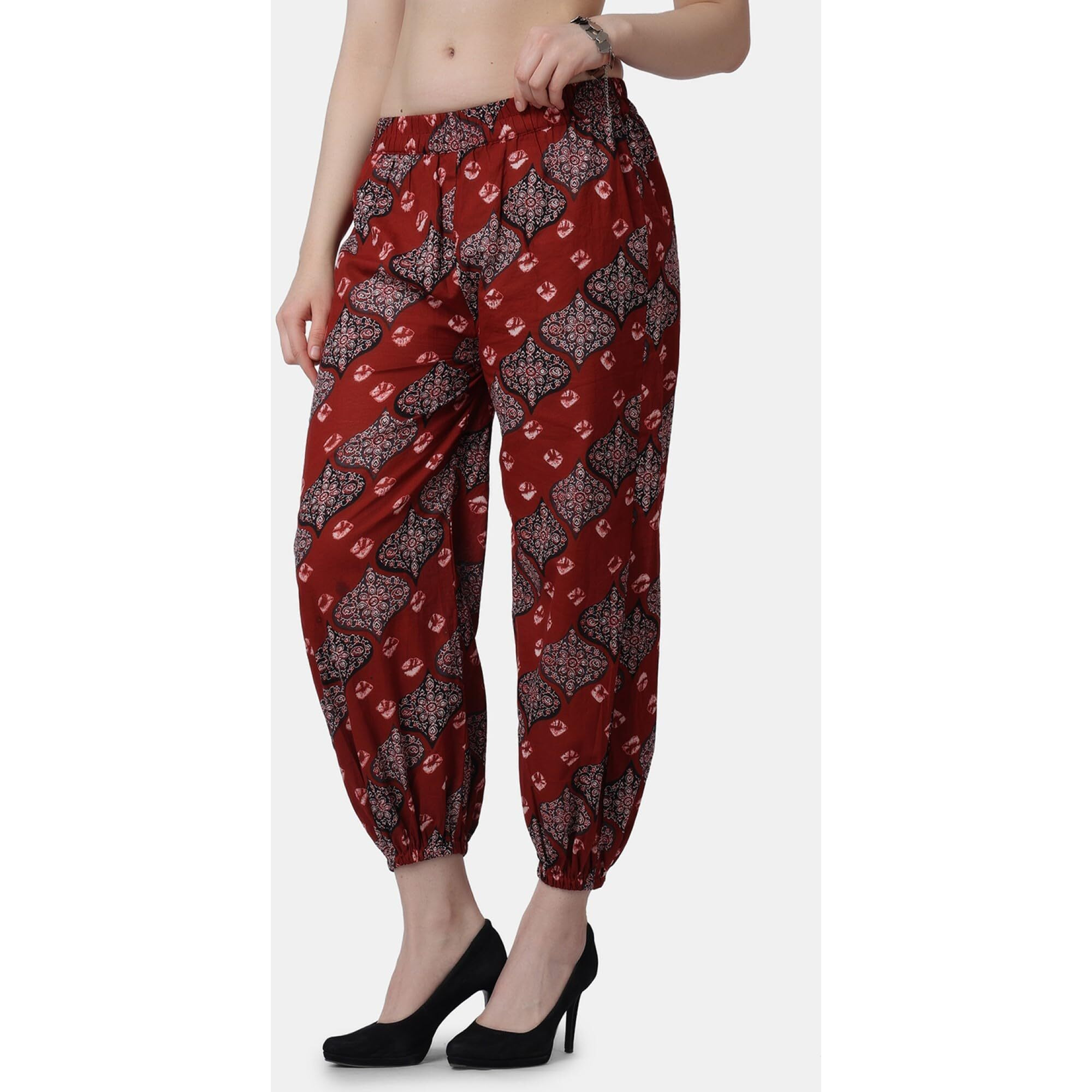 Popwings Casual Bagru Printed Joggers For Women || Pull On Joggers For Women || Comfortable Casual Women Joggers For Summer || Loose Fit Joggers For Women Maroon